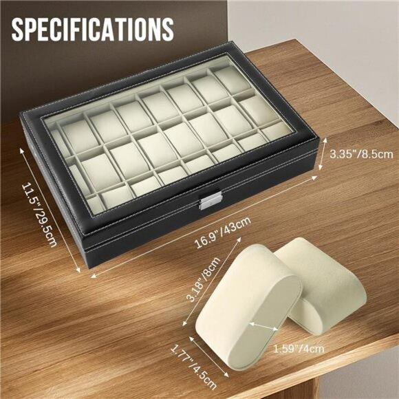 Watch Display Case 24 Slot Glass Top Organizer Faux Leather Jewelry Storage - Picture 2 of 7